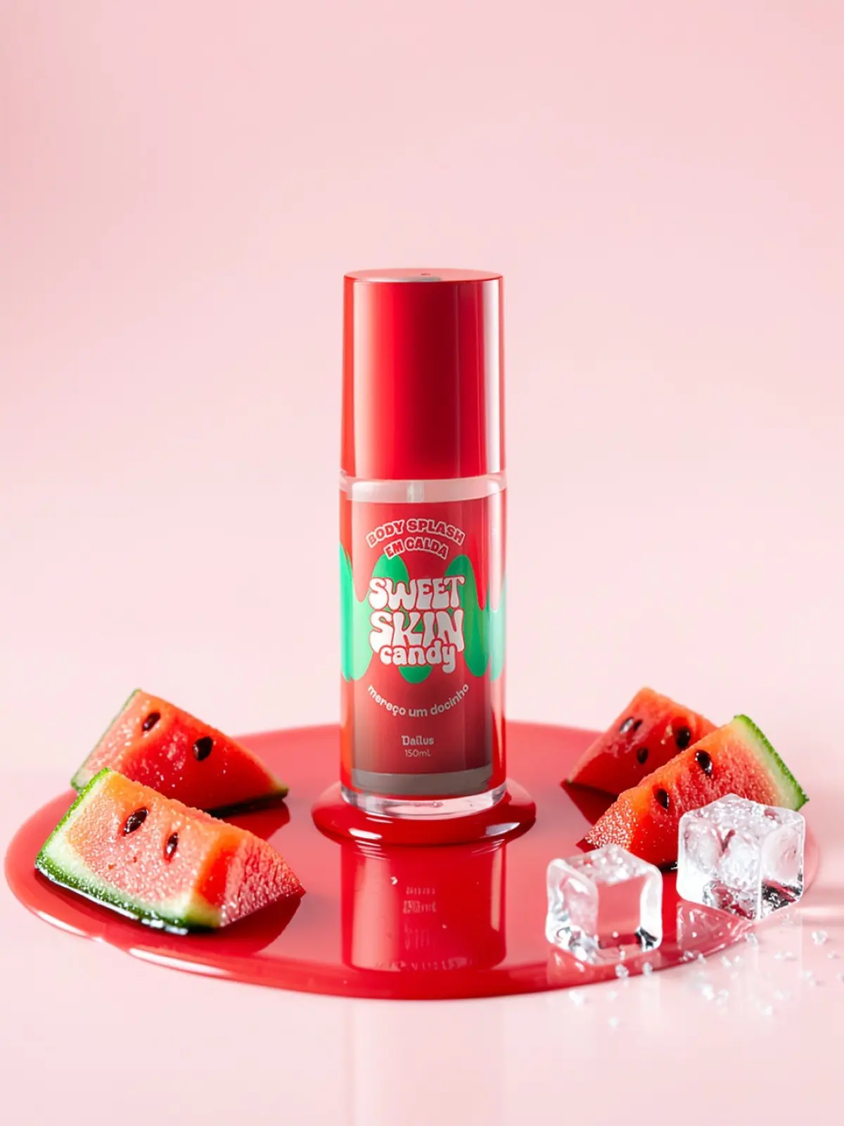 Frasco Dailus Sweet Skin Candy num mundo de melancia (Estudo criativo independente da BYULD. Sem vínculo com a marca.)